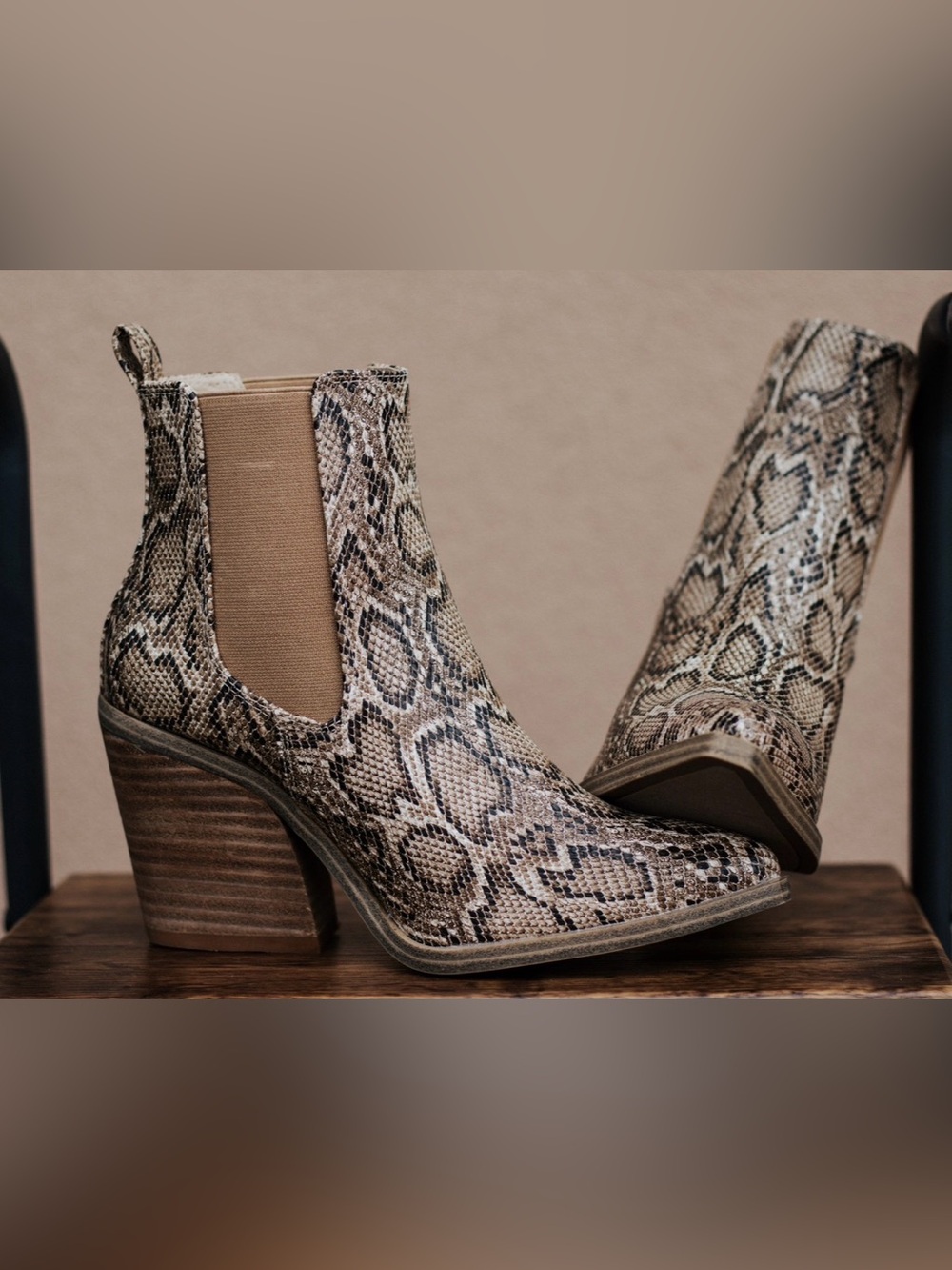 Snake-Print Chelsea Booties in Neutral Taupe